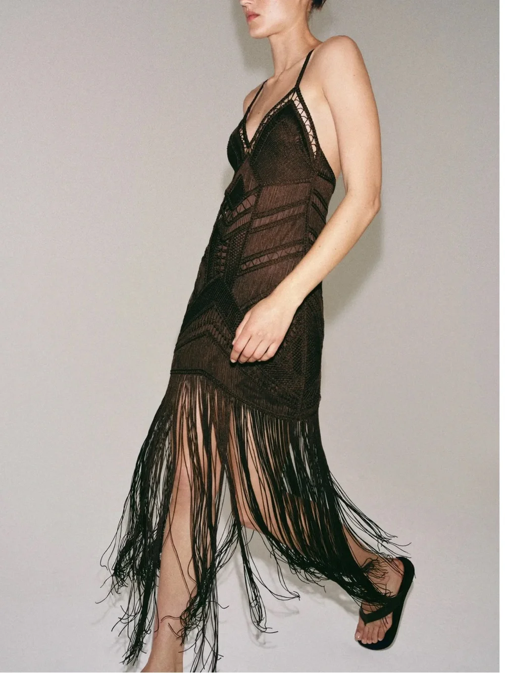Zara NWT formal wedding guest dress crochet texture brown Fringe Maxi Dress - Picture 9 of 12